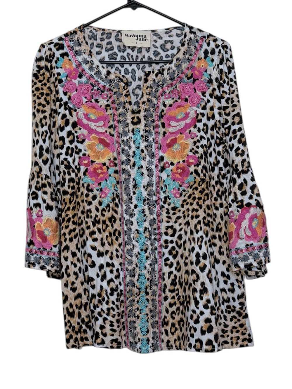 Savanna Jane Floral Embroidered Animal Print Top Bell Sleeve Peasant Boho Sz S